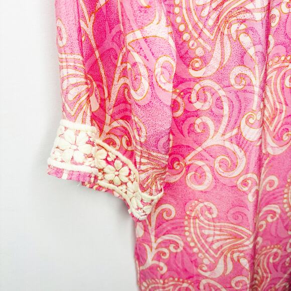 Amaya Pink Silk Tunic Size 38/M Floral Embroidered Neckline Cuffs Scroll - Picture 5 of 12